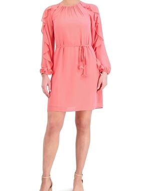 Vince Camuto Coral Pink Ruffle-Sleeve Tie-Waist Mini Dress